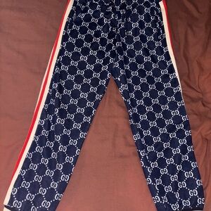 Gucci Navy Monogram Joggers with Red Stripes